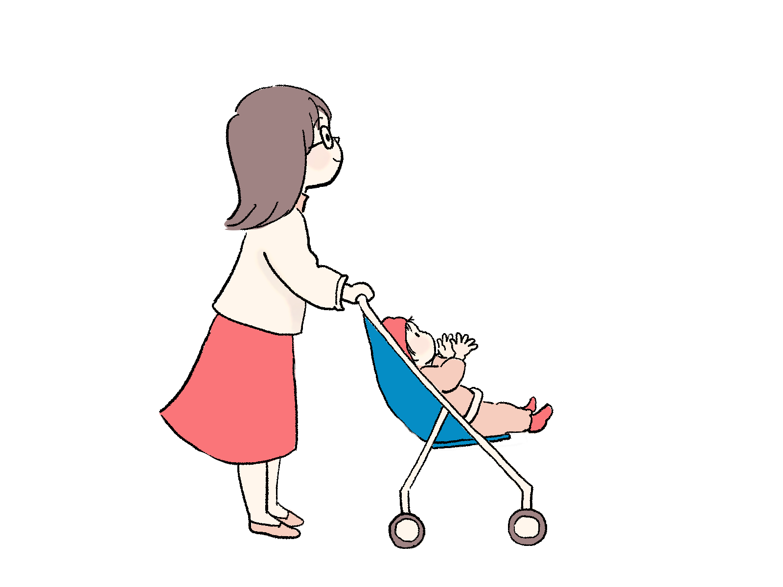 さしえやフリー素材/ベビーカーを押すお母さんと赤ちゃんのイラスト