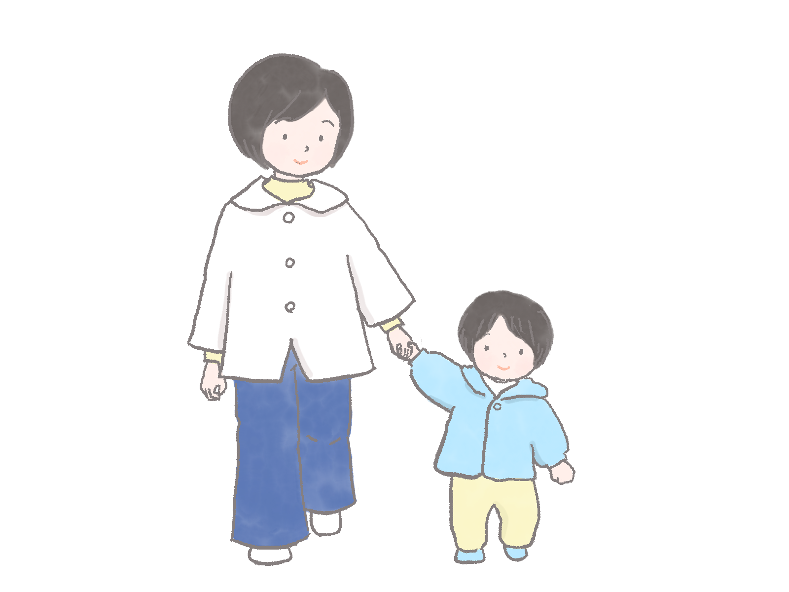 手をつないで散歩する子どもとお母さんのイラスト