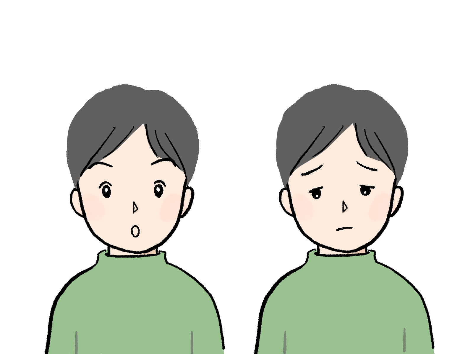 若い男性の驚いた表情と悲しそうな表情のイラスト