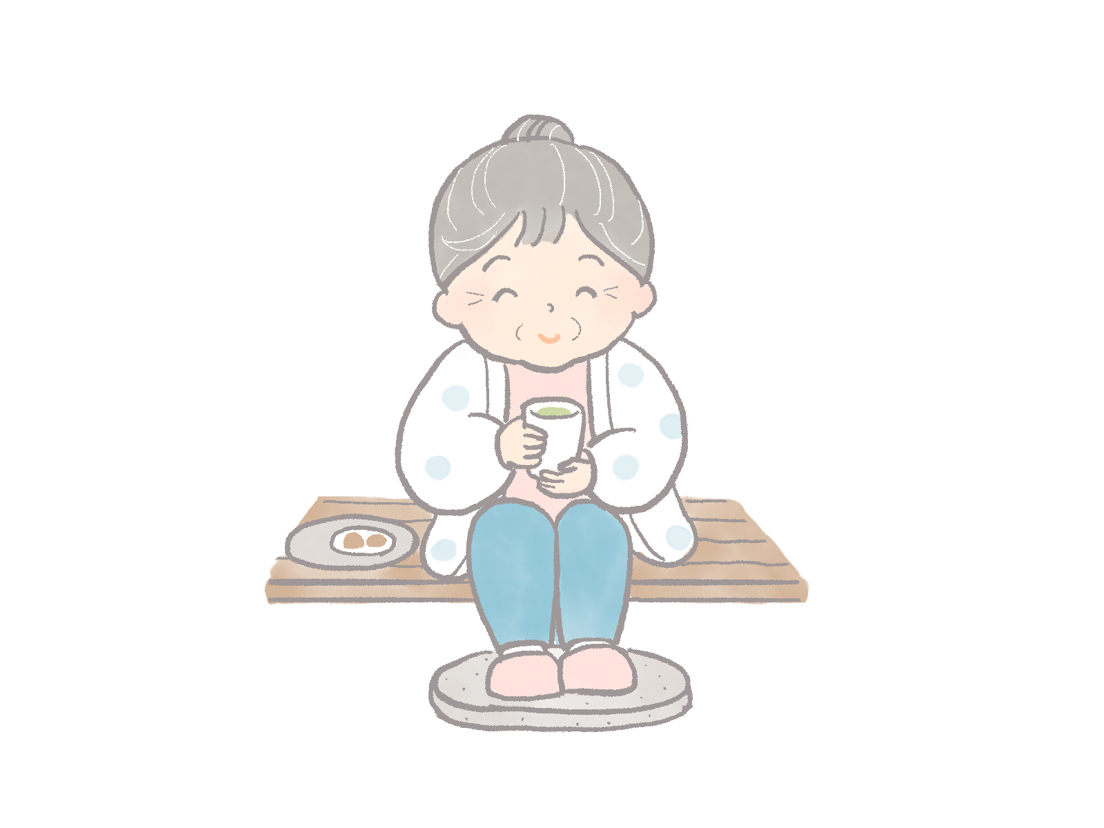 縁側でお茶を飲むおばあさんのイラスト｜さしえや