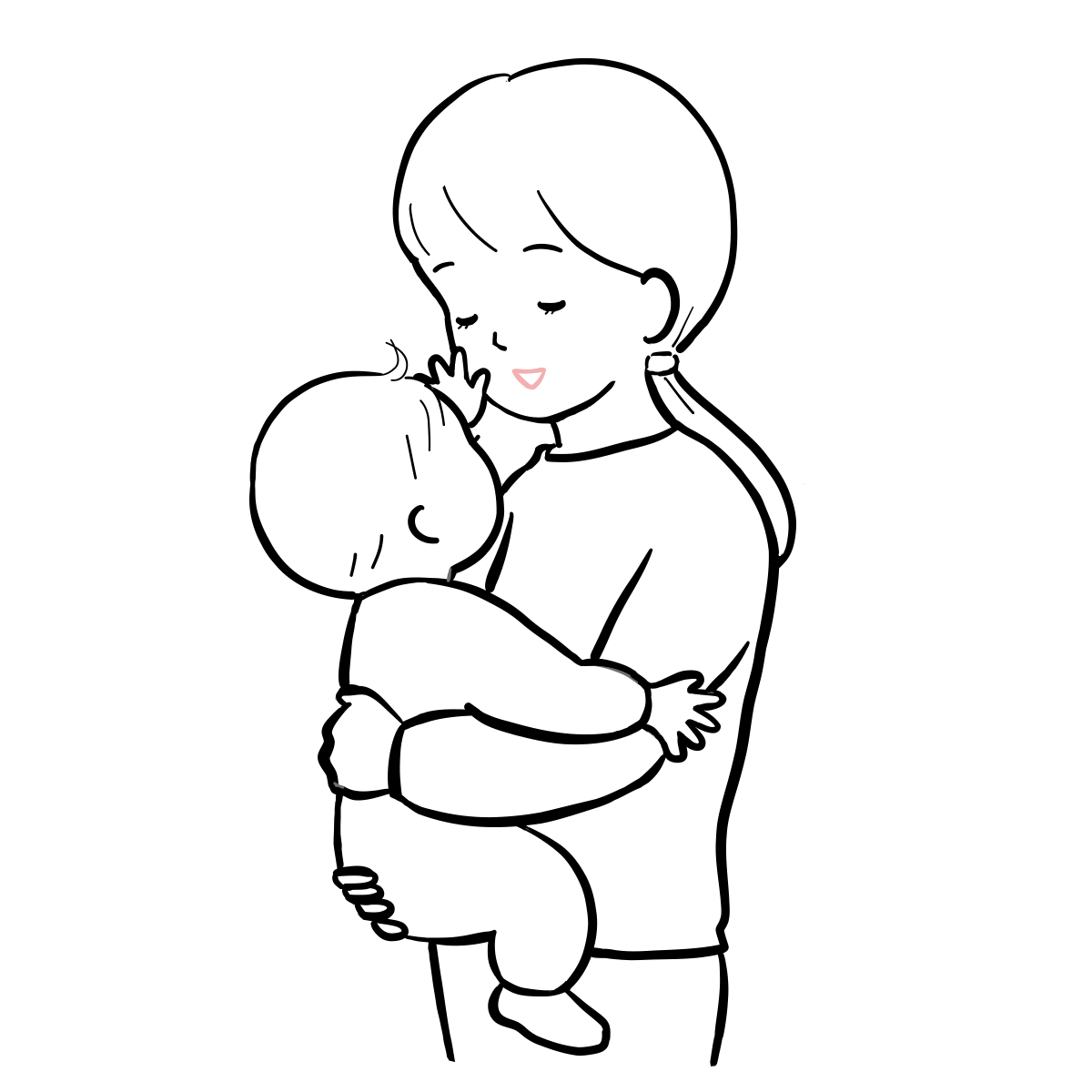 赤ちゃんを抱っこするお母さんの線画イラスト｜さしえやフリー素材