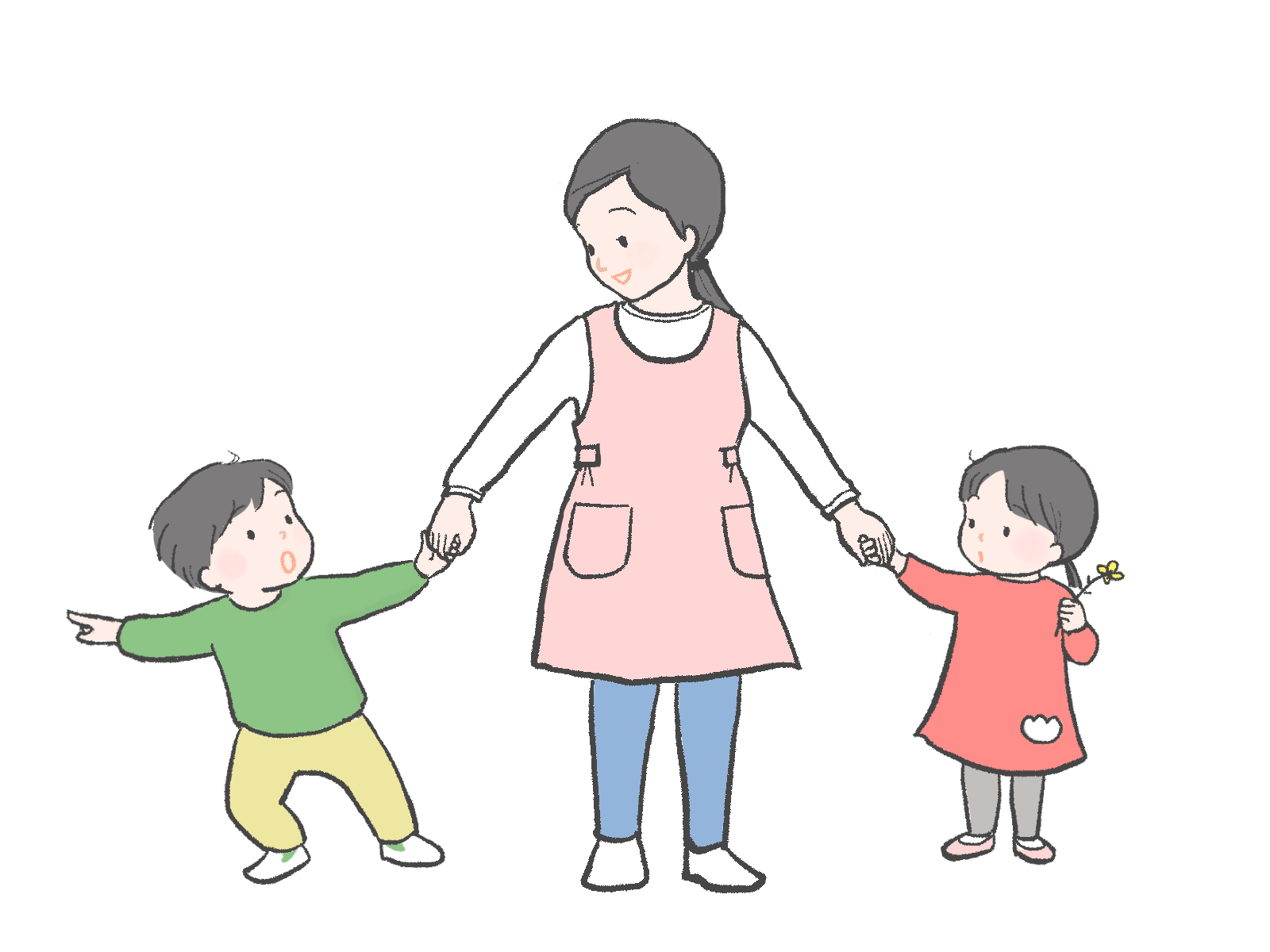 子どもたちと散歩する保育士さんのイラスト｜さしえやフリー素材