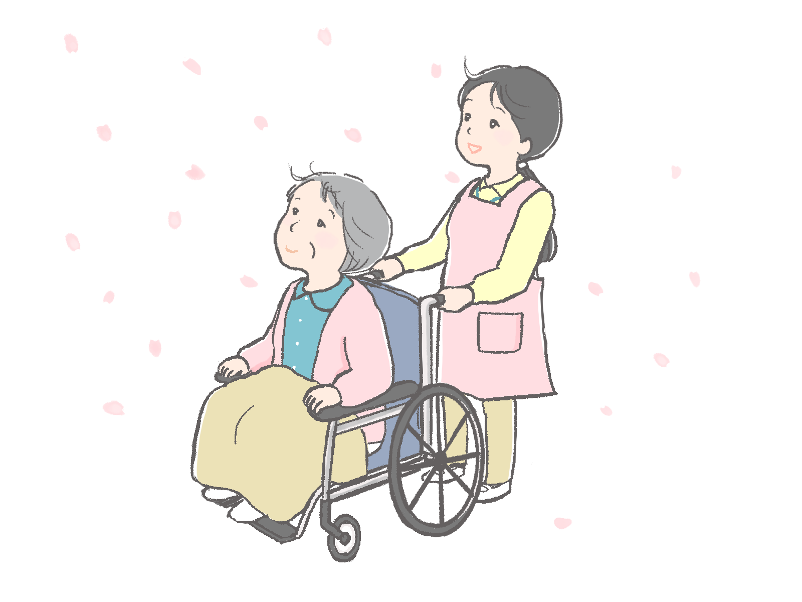 車椅子を押す介護士さんとおばあさんのイラスト|さしえやフリー素材