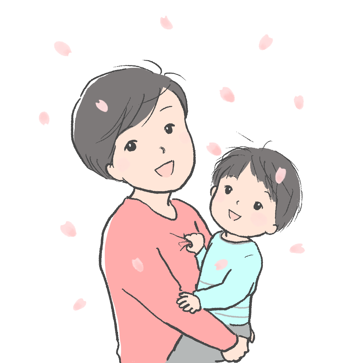 舞う花びらを見る子どもとお母さんのイラスト｜さしえやフリー素材