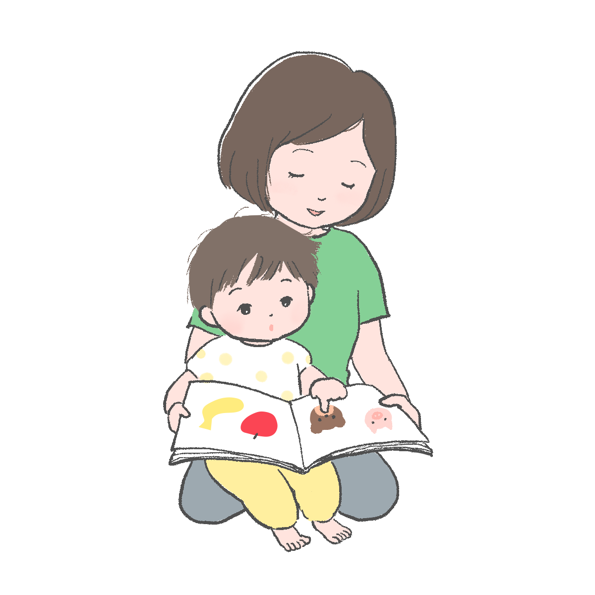 絵本を見る子どもとお母さんのイラスト｜さしえやフリー素材