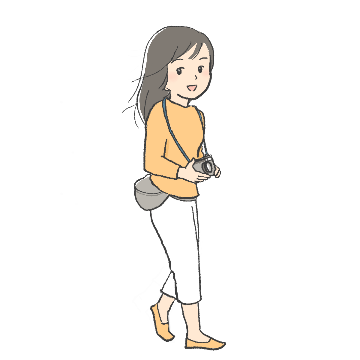 カメラを持って散歩する女性｜さしえやフリー素材