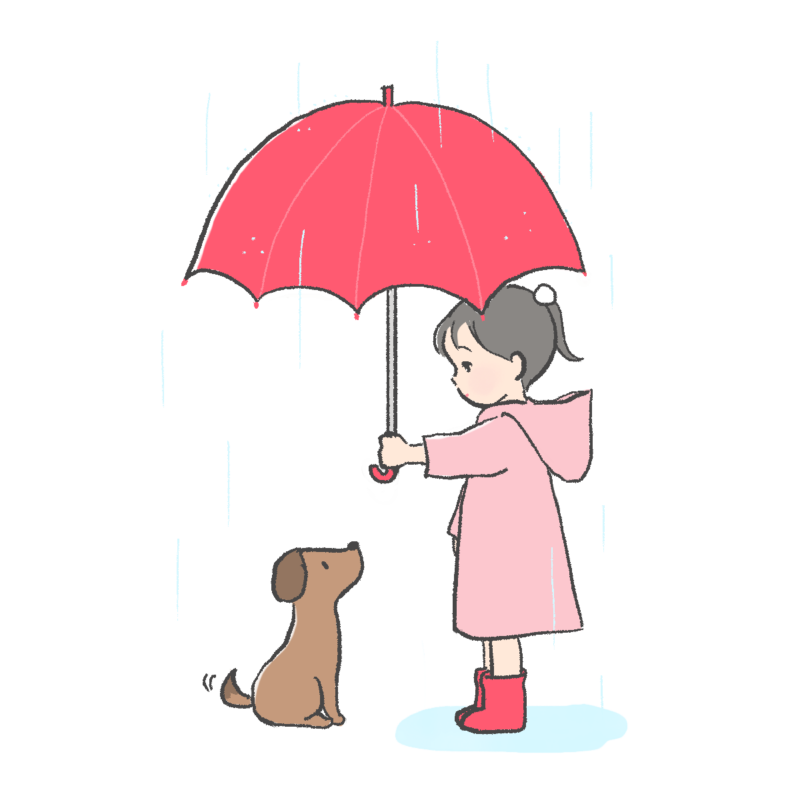 雨の中、赤い傘をさして犬も中に入れてあげる女の子のイラスト|さしえやフリー素材