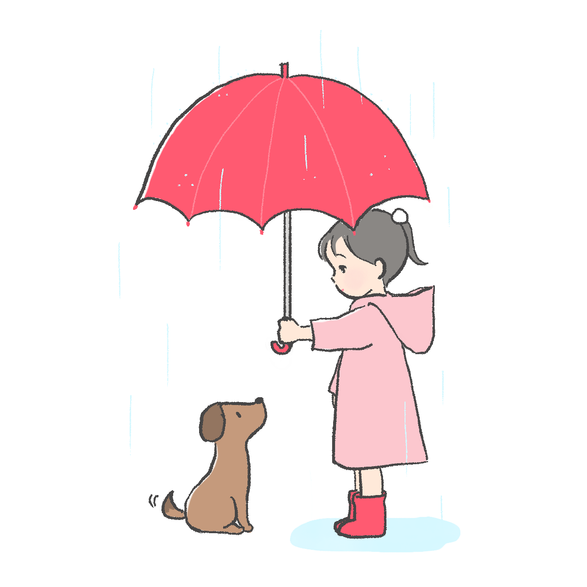 雨の中、赤い傘をさして犬も中に入れてあげる女の子のイラスト｜さしえやフリー素材