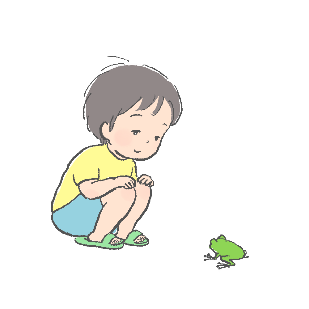 子どもとアマガエルのイラスト｜さしえや