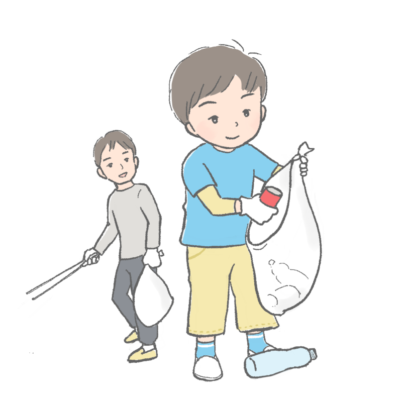 ゴミ拾いをする親子のイラスト|さしえや