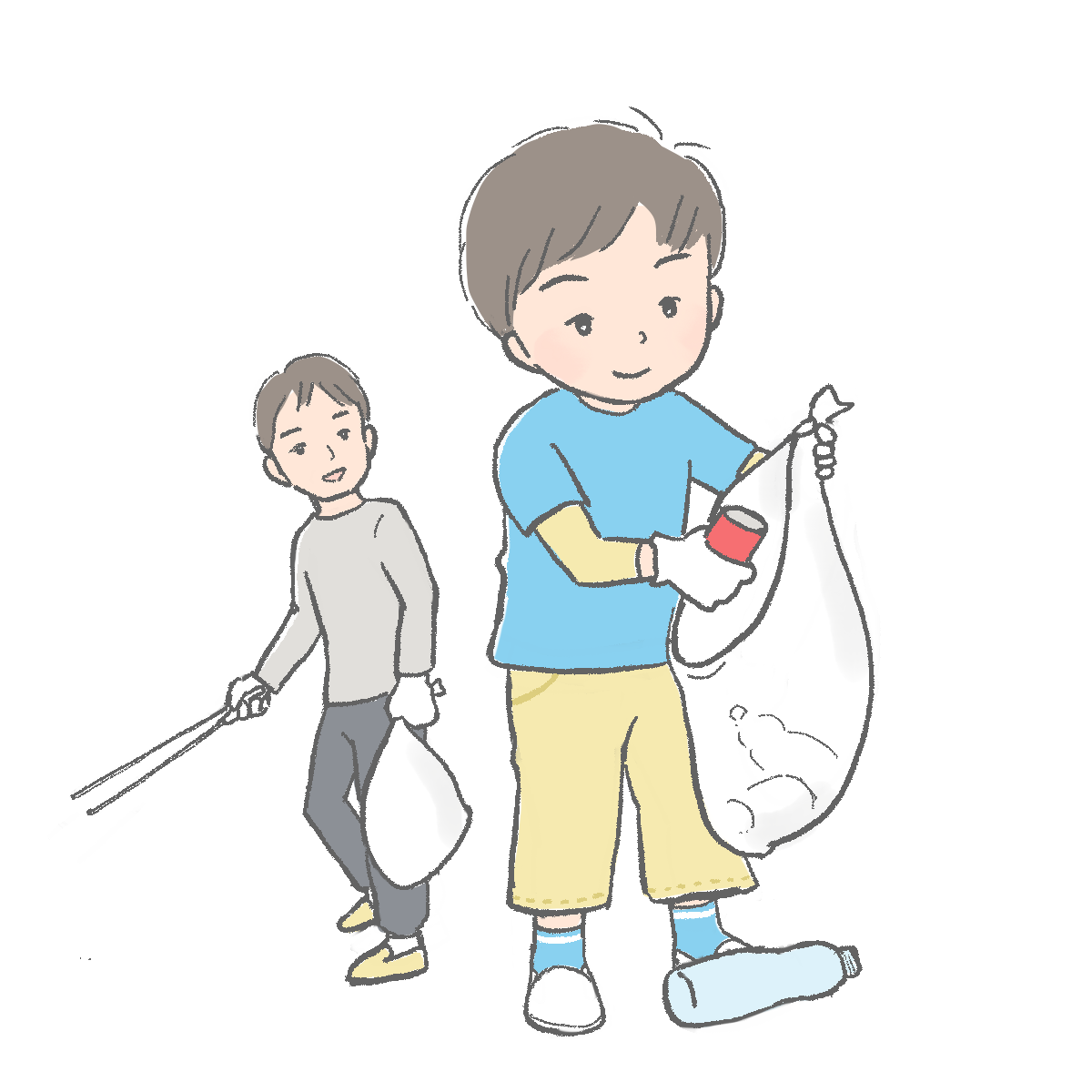 ゴミ拾いをする親子のイラスト｜さしえや