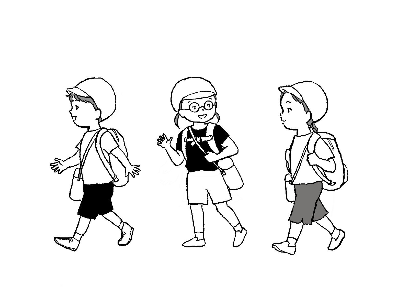 歩き遠足に行く子どもたちのイラスト｜モノクロ｜さしえや