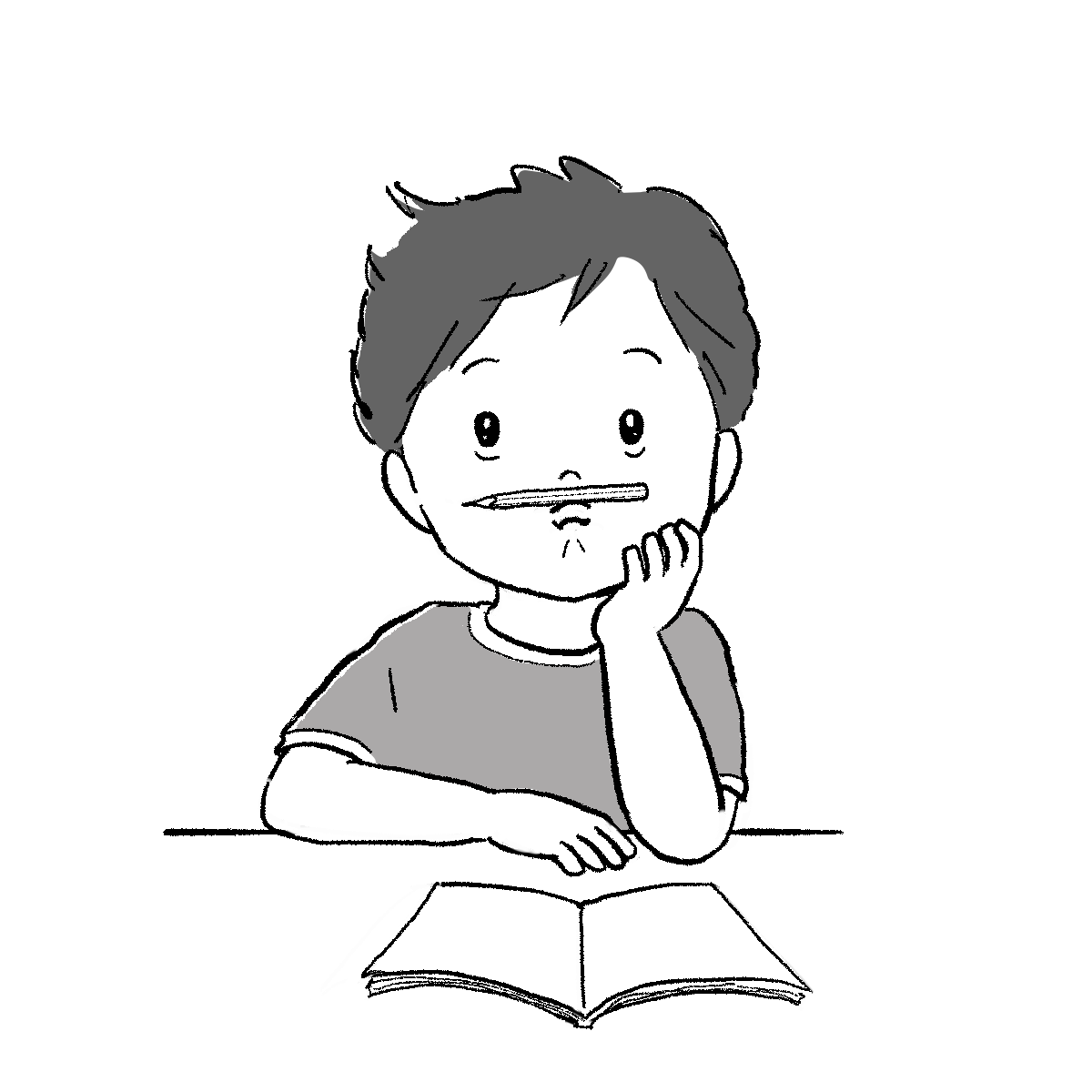 考える子どものイラスト｜モノクロ｜さしえや