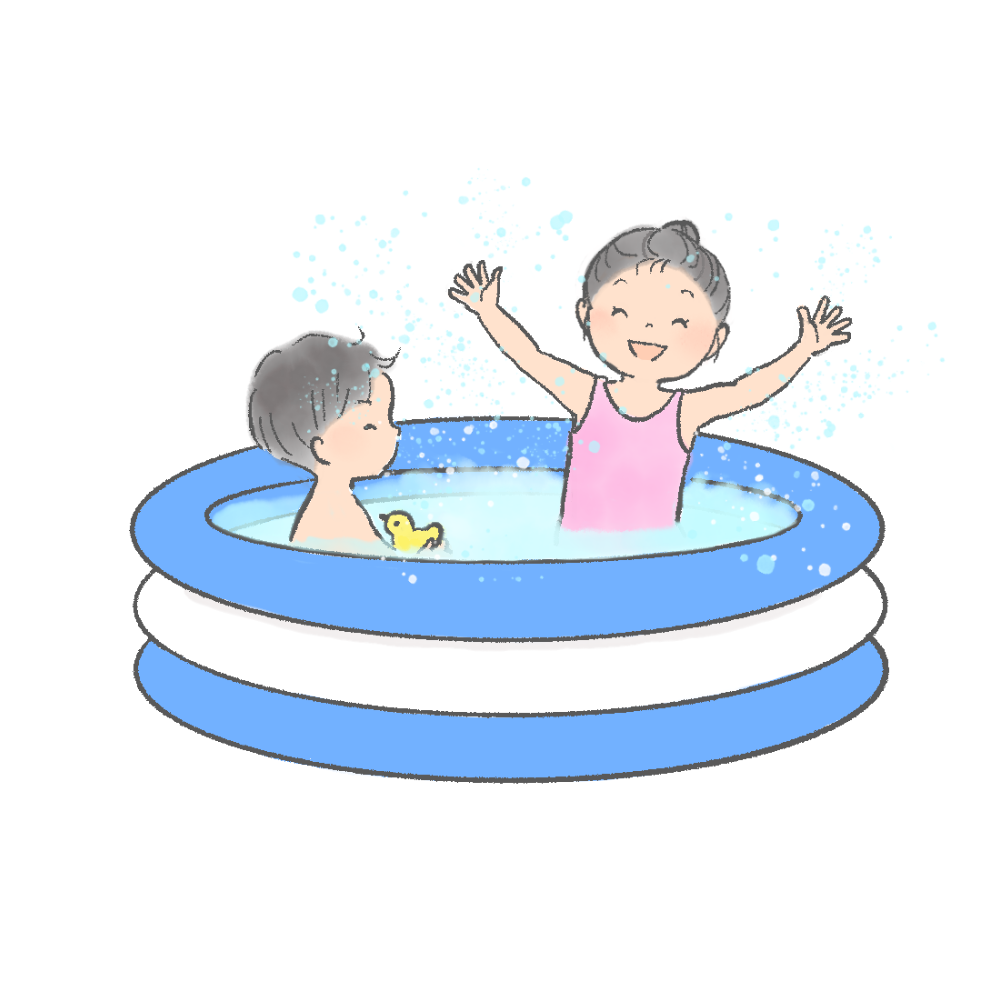 ビニールプールで遊ぶ子どもたちのイラスト｜さしえや
